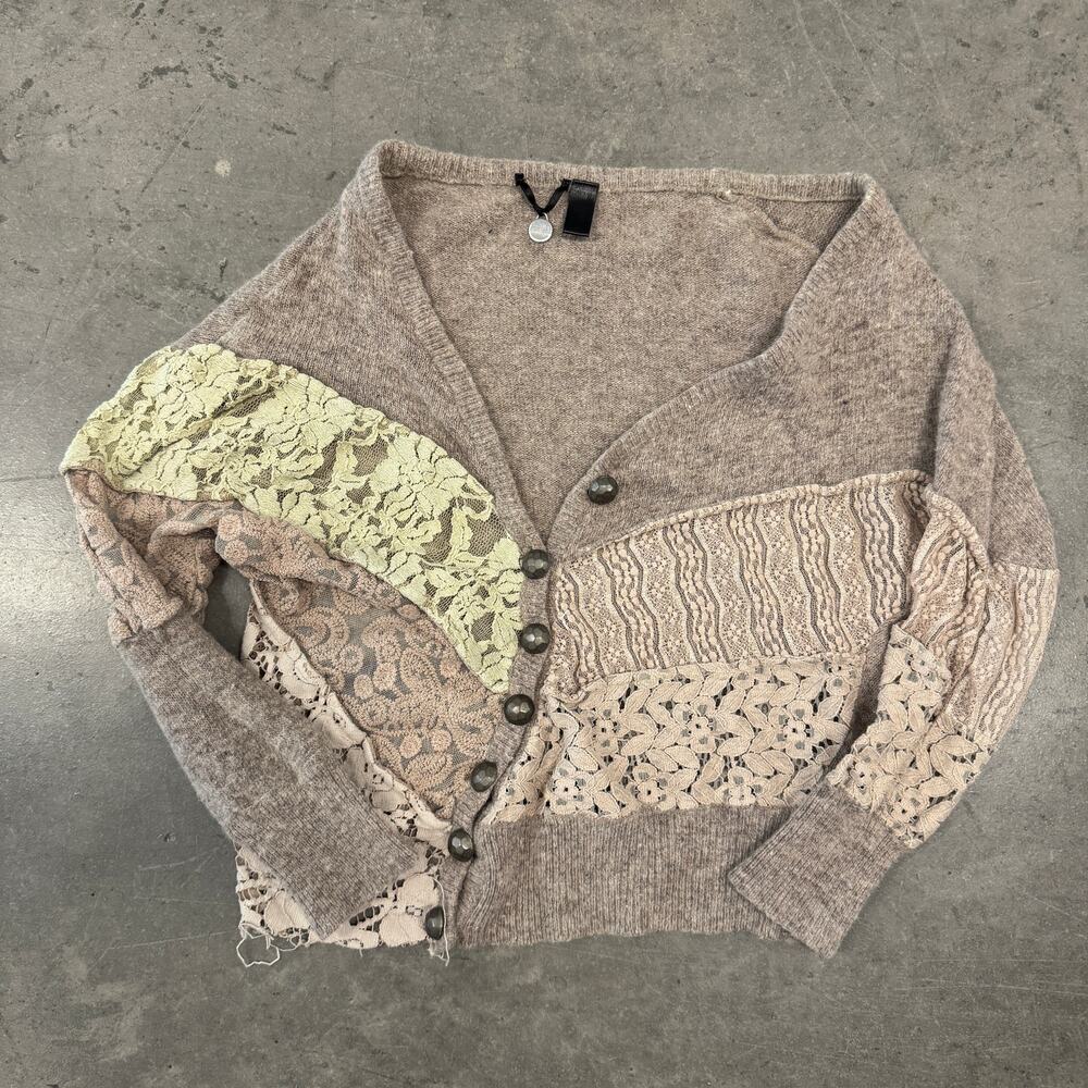 Vintage Y2K Lace Patchwork Asymmetrical Festival BKE Boho Beige Cardigan M